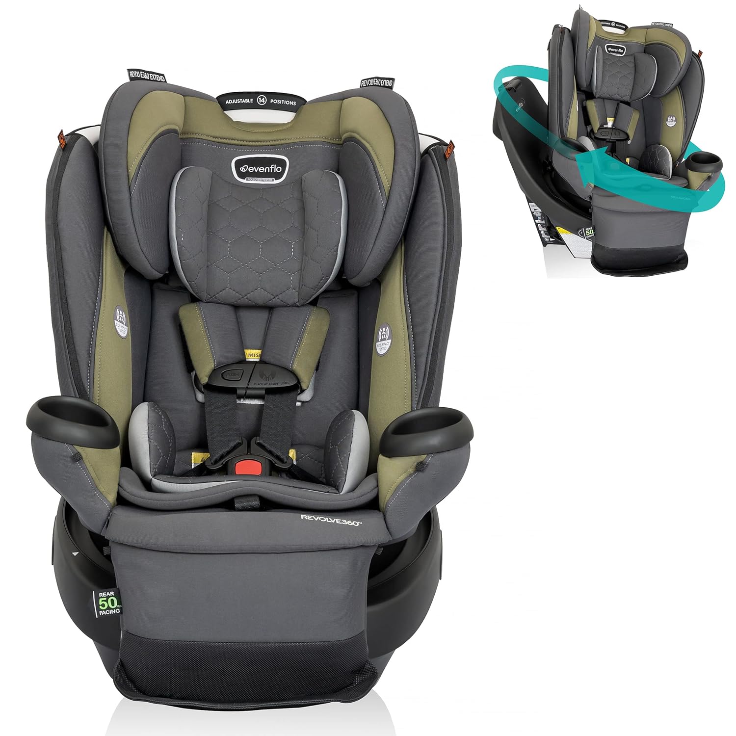 360 Extend Convertible Car Seat with 360 Degree Rotation, Extended Rear-Facing, Forward-Facing, Booster Mode, and Secure LATCH Install, Revere Gray