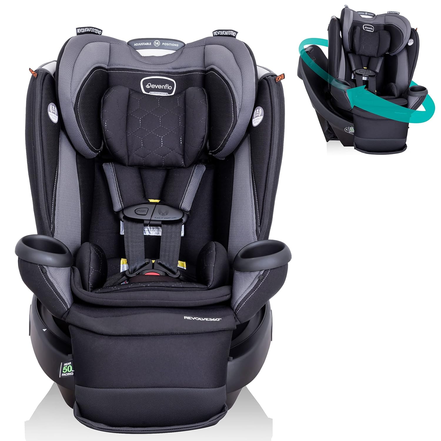 360 Extend Convertible Car Seat with 360 Degree Rotation, Extended Rear-Facing, Forward-Facing, Booster Mode, and Secure LATCH Install, Revere Gray