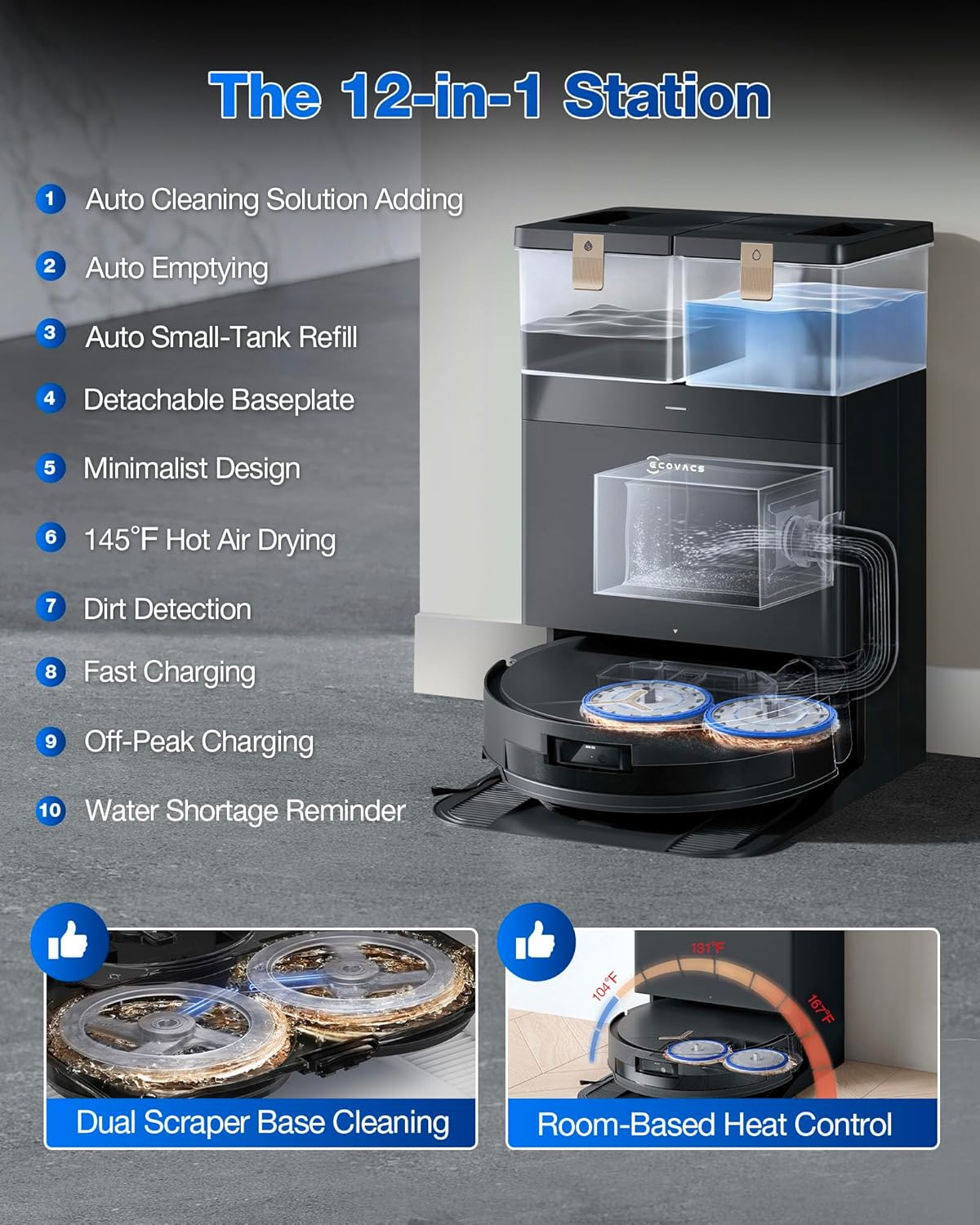 Robot Vacuum and Mop, 18,500Pa Suction, 18mm Auto-Lift, ZeroTangle &TruEdge 2.0, AIVI 3.0 Obstacle Avoidance, Auto Hot Water Mop Wash/Dry/Refill, Self-Emptying