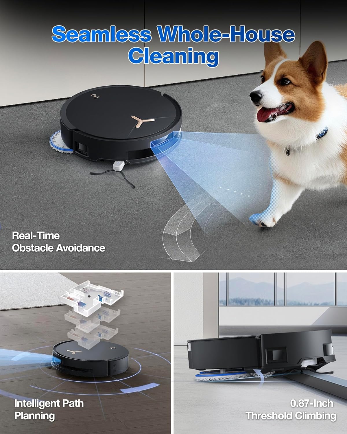 Robot Vacuum and Mop, 18,500Pa Suction, 18mm Auto-Lift, ZeroTangle &TruEdge 2.0, AIVI 3.0 Obstacle Avoidance, Auto Hot Water Mop Wash/Dry/Refill, Self-Emptying